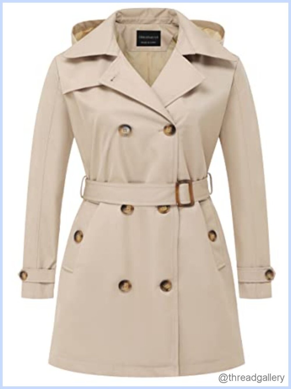 Plus Size Trench Coat Double-Breasted Belted Overcoat Detachable Hood